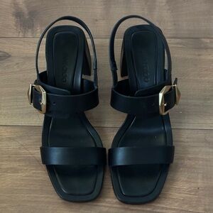 Jimmy Choo Hawke 70 black leather sandals with a gold-tone buckle MSRP $895
